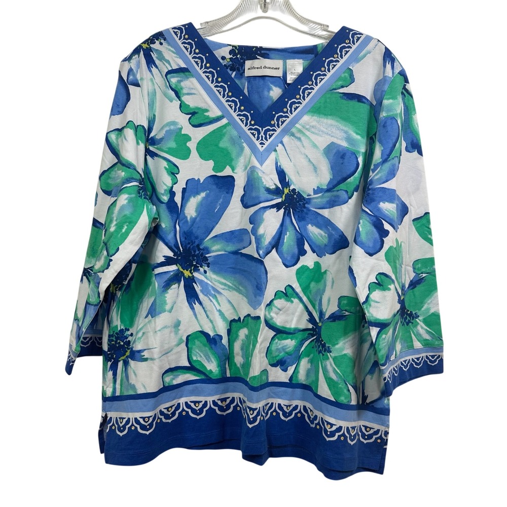 Alfred Dunner Womens Blue Green Floral V-Neck 3/4 Sleeve Rhinestone Top Large